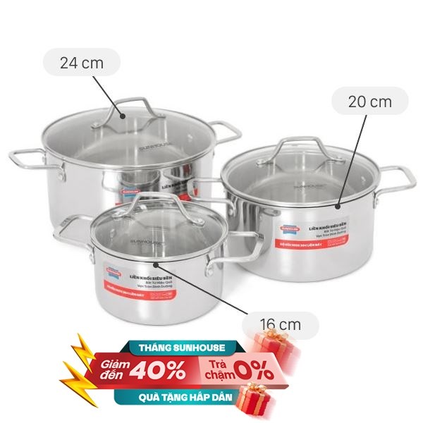 Bộ 3 nồi Inox 3 lớp nguyên khối Sunhouse Healthy SHG709