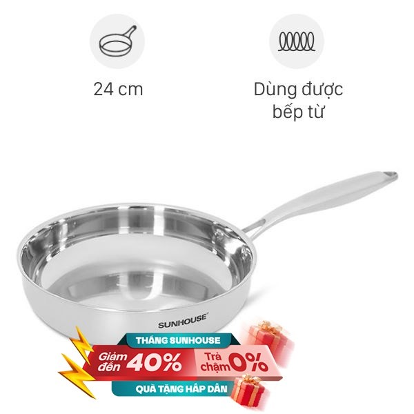 Chảo inox nguyên khối đáy từ Sunhouse Healthy IN24X2
