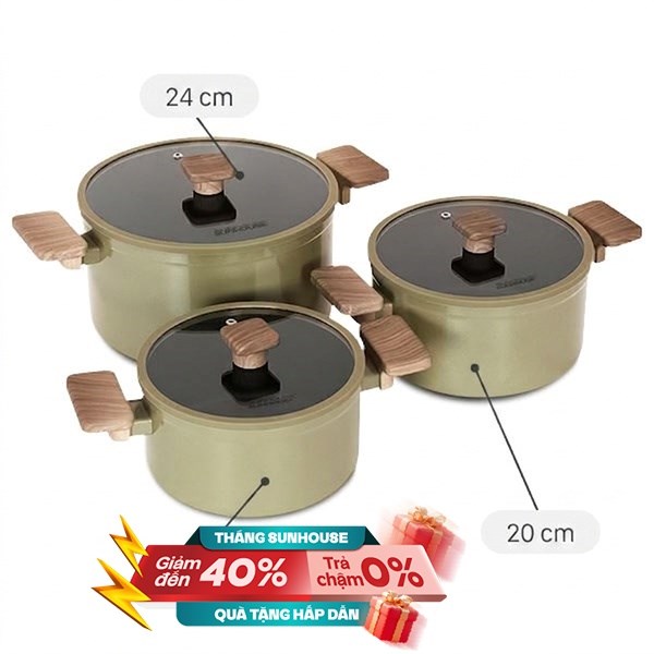 Bộ 3 nồi nhôm chống dính Sunhouse Titanium Plasma ST2210P
