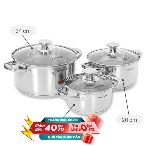 Bộ 3 nồi inox 5 đáy nắp kính Sunhouse SHG799