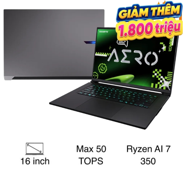 Laptop GIGABYTE Gaming AERO X16 - 1VH93VNC94AH (R7 AI 350, 16GB, 1TB, RTX 5060 8GB, WQXGA 165Hz, Win11)