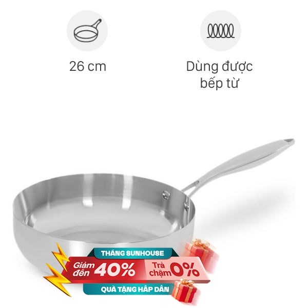 Chảo inox nguyên khối sâu đáy từ 26 cm Sunhouse Healthy IN26M11