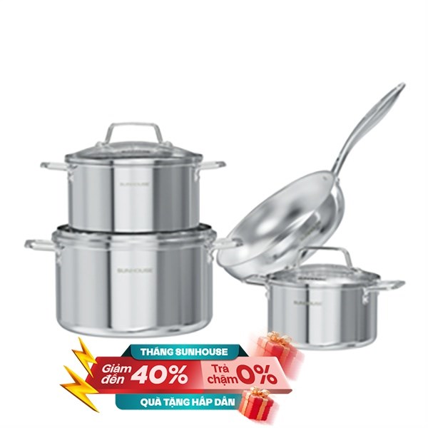 Bộ nồi chảo inox 3 lớp nắp kính Sunhouse Healthy SHG806