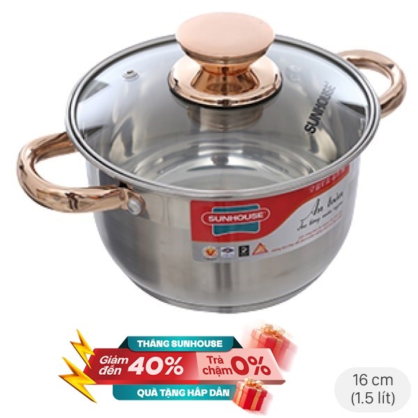 Nồi inox 5 đáy nắp kính 16 cm Sunhouse SHG24216