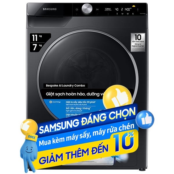 Máy giặt sấy Samsung AI Ecobubble Inverter giặt 11 kg - sấy 7 kg WD11T734DBX/SV