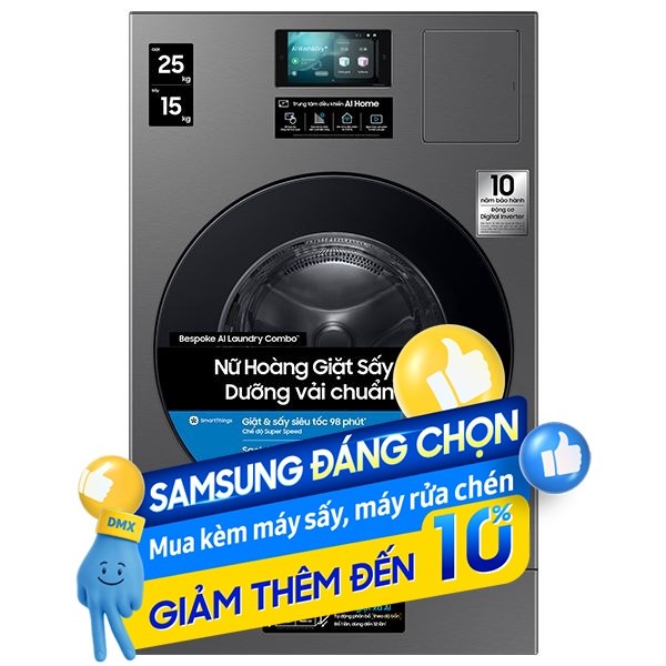 Máy giặt sấy Samsung AI Combo Heatpump Inverter giặt 25 kg - sấy 15 kg WD25DB8995BZSV