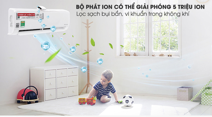 Máy lạnh LG Wifi Inverter 1.5 HP V13APF được trang bị bộ phát ion hiện đại giúp kháng khuẩn, khử mùi hiệu quả.