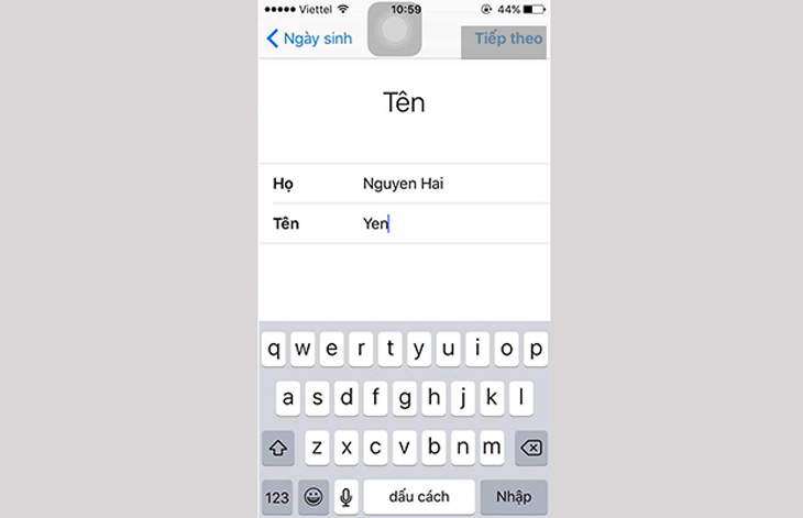 Nhập Họ Tên rồi nhấn Tiếp theo