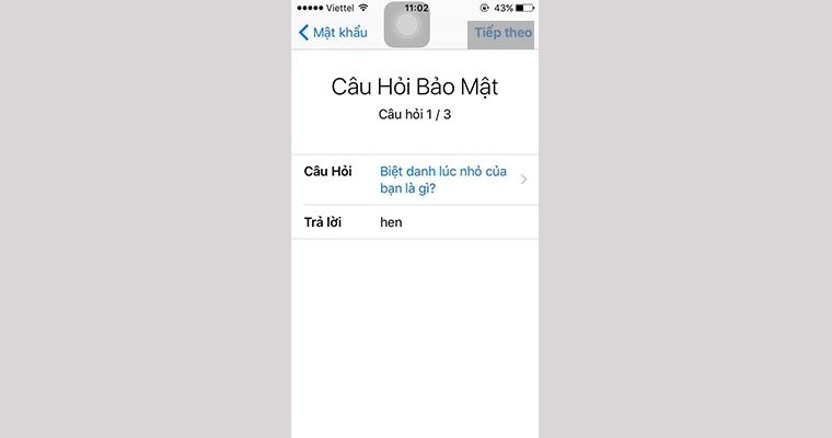 Chọn câu hỏi bảo mật