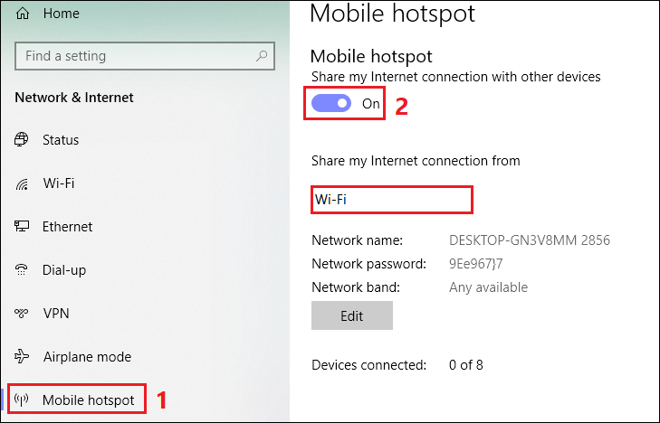 Bạn chọn Mobile hotspot  Bật On  Chọn Wi-Fi để chia sẻ Wi-Fi cho người khác