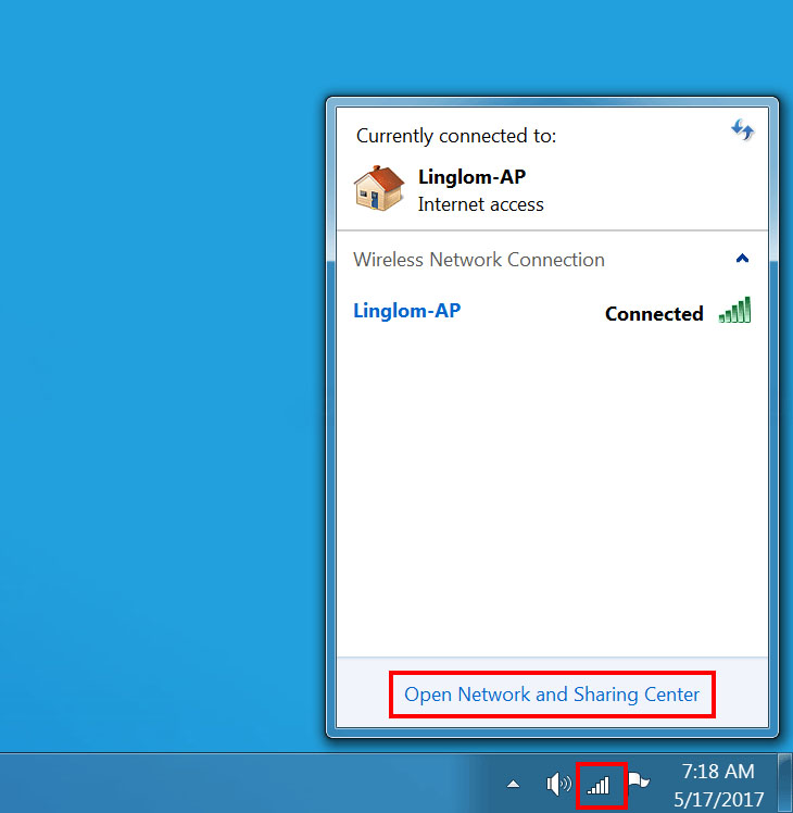 Nhấn chuột trái vào biểu tượng Network trên thanh Taskbar  Chọn Open Network and Sharing Center