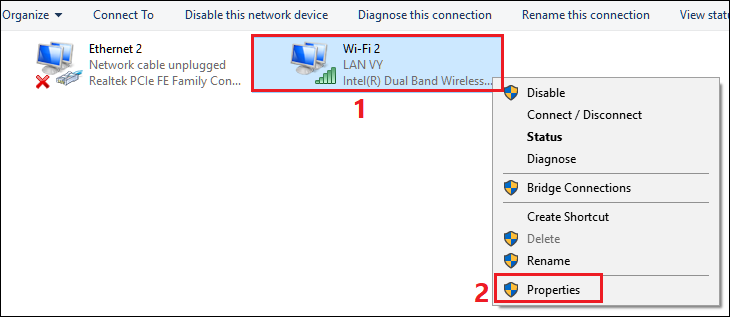Chọn Wi-Fi đang sử dụng > Click chuột phải chọn Properties