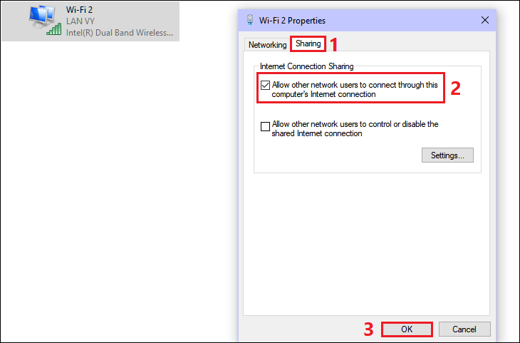  Trong cửa sổ Properties, bạn chuyển sang mục Sharing > Chọn Allow other network users to connect