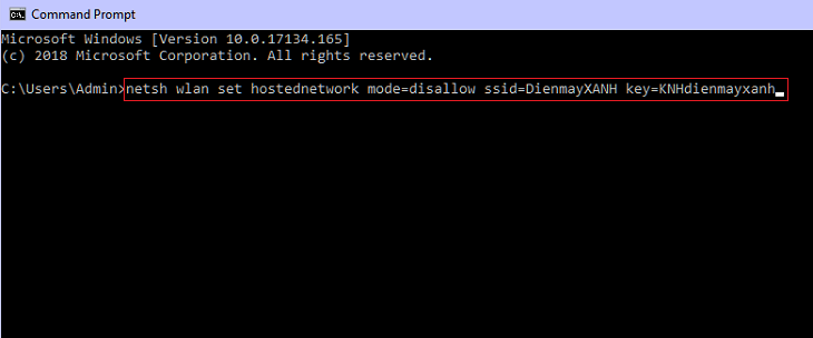 bạn nhập vào Command Prompt: netsh wlan set hostednetwork mode=disallow ssid=ten_wifi key=mat_khau