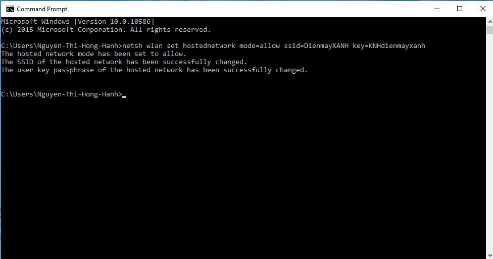 gõ theo cú pháp câu lệnh như sau: netsh wlan set hostednetwork mode=allow ssid=ten_wifi key= mat_khau