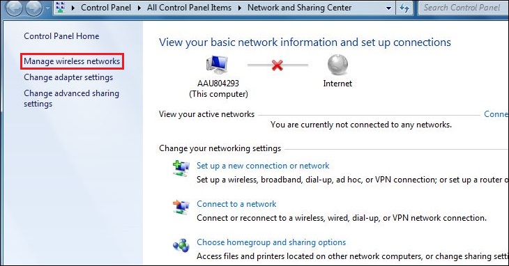 Chọn Manage Wireless Networks trong ngăn bên trái màn hình