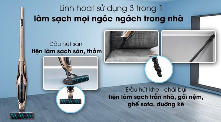 Máy hút bụi không dây Samsung VS03R6523J1/SV được trang bị đầu hút khe giúp làm sạch mọi ngóc ngách