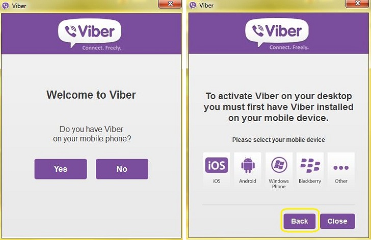 Chọn Yes nếu bạn đã có tài khoản Viber trên điện thoại