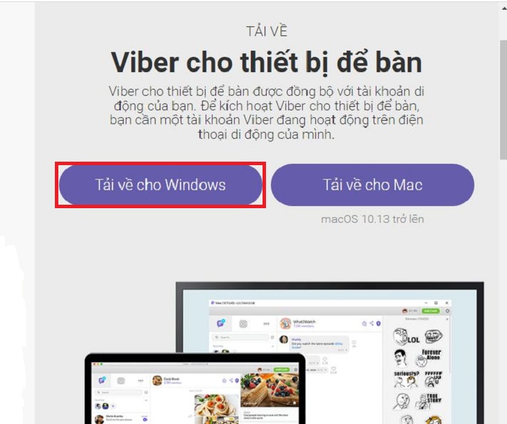 Hướng dẫn cách cài đặt Viber tiếng Việt trên máy tính Windows, macOS > Chọn tải về cho Windows