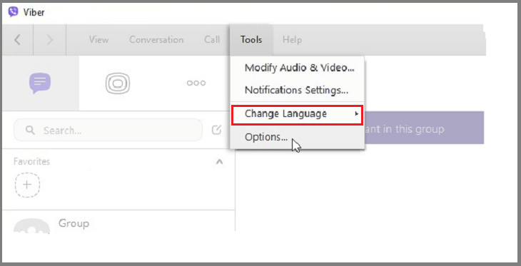 Hướng dẫn cách cài đặt Viber tiếng Việt trên máy tính Windows, macOS > Chọn Tool, rồi nhấn Change Language để chọn cài đặt tiếng Việt