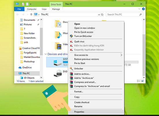 Bước 1: Bạn vào My computer/This PC, click chuột phải vào ổ đĩa cần chống phân mãnh và chọn Properties.