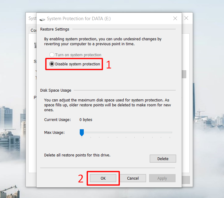 Chọn Disable system protection để tắt chức năng System Restore nhé, rồi nhấn OK