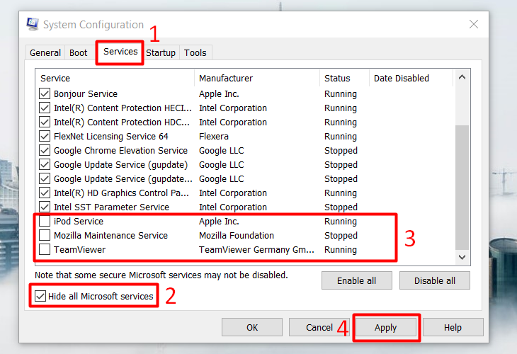 Bỏ chọn những dịch vụ không cần thiết trong cửa sổ System Configuration rồi nhấn Apply