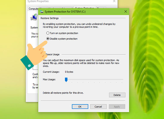 Bước 3: Bạn chọn Disable system protection để tắt chức năng System Restore nhé, rồi nhấn OK.