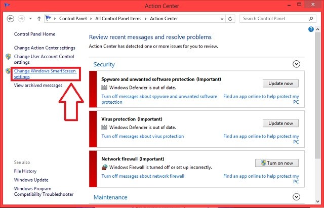 Chọn Change Windows SmartScreen settings trong cửa sổ Action Center