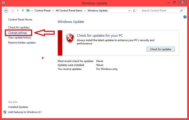 Chọn Change settings bên trái cửa sổ Windows Update