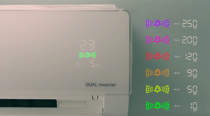 Điều hòa LG Wifi Inverter 1.5 HP V13APF  được trang bị màn hình hiển thị chất lượng trong không khí thông qua màu sắc mới lạ, tiện theo dõi.