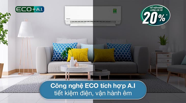 Điều hòa Panasonic Inverter 1 HP CU/CS-XU9XKH-8 trang bị chế độ ECO tích hợp A.I tự cảm nhận nhiệt độ và điều chỉnh máy nén phù hợp giúp tiết kiệm thêm 20% điện năng