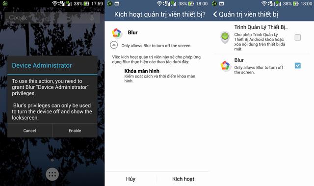 Kích hoạt quyền Quản trị viên thiết bị cho Blur Launcher