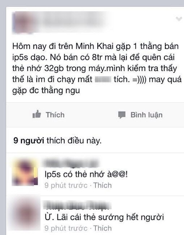 Thông điệp thể hiện sự vui mừng khi mua được iPhone 5s kèm thẻ nhớ