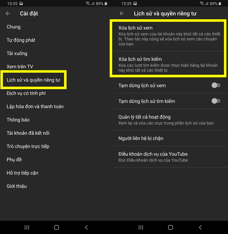 Bạn có thể tùy chọn xóa lịch sử tìm kiếm hoặc đã xem