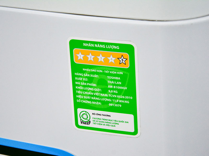 Tem năng lượng 5 sao của máy giặt Toshiba AW-B1000GV