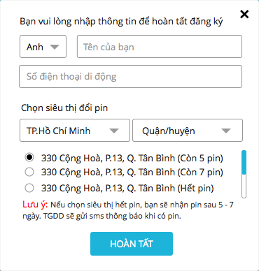 Chăm sóc khách hàng - Đổi pin miễn phí
