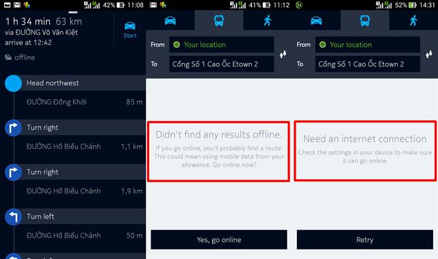 Bản đồ Offline không hỗ trợ các tuyến đường xe bus lưu thông