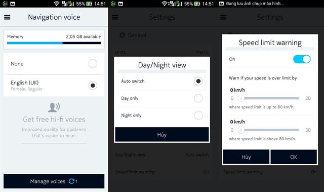 Thiết đặt Voice navigation, Day/Night view và Speed limit warning