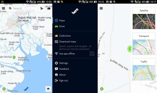 Giao diện chính trên Nokia HERE Maps