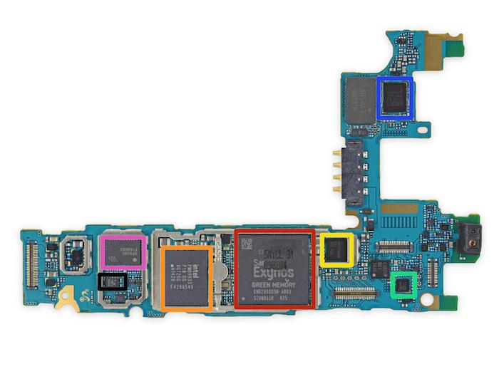 Mainboard còn lại sau khi tháo hết các chi tiết nhỏ, vùng khoanh đỏ là con chip Samsung Exynos 5430