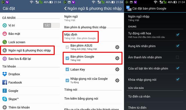 Truy cập như ảnh minh họa phía trên để thiết lập chi tiết hơn cho bàn phím Android L