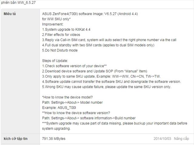 Thông tin bản cập nhật Android 4.4.2 KitKat cho Asus Zenfone 4