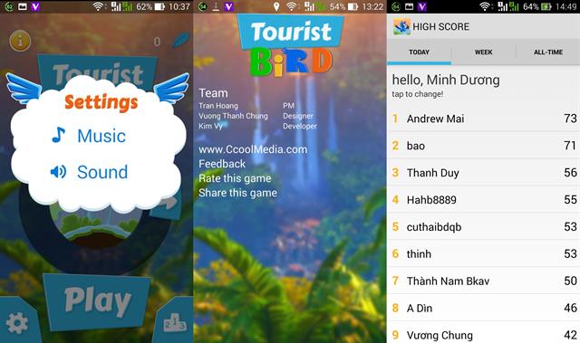 Các thông tin và thiết đặt trên Tourist Bird
