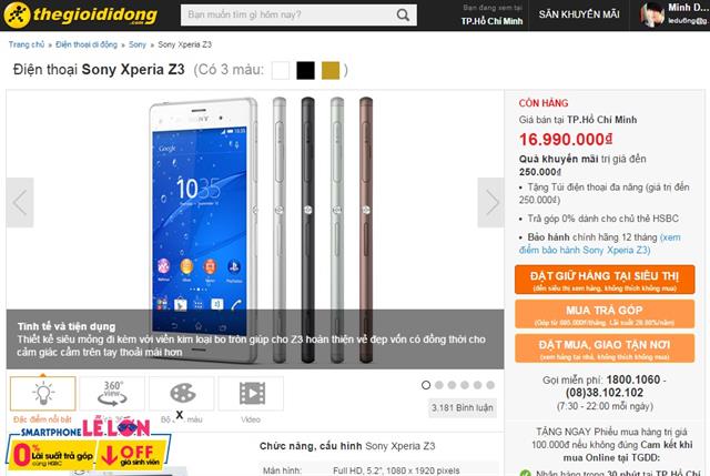 Sony Xperia Z3 được thegioididong phân phối với giá bán tham khảo khoảng 16.990.000 đồng