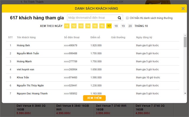 danh sách người chơi