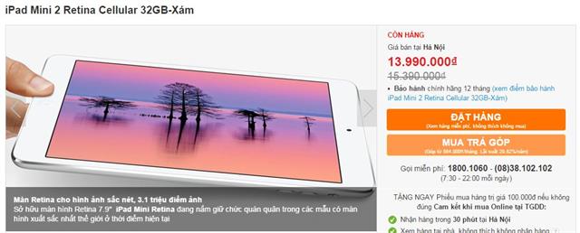 iPad Mini 2 Retina 32GB giảm giá