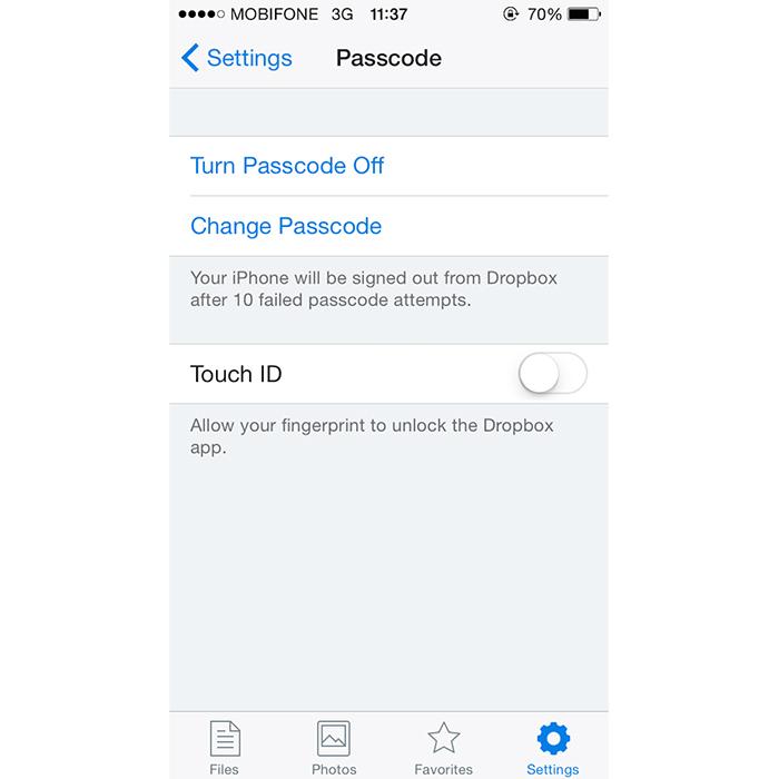Dropbox cập nhật Touch ID cho iOS 8 > Để sử dụng Touch ID, trên App Dropbox chọn Settings, mở Touch ID về chế độ ON