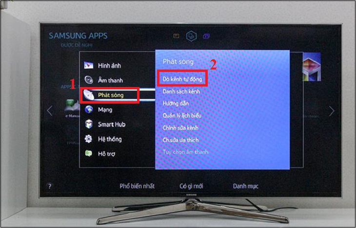 Cách dò kênh Smart tivi Samsung 2014 đơn giản > Chọn mục Phát sóng > Dò kênh tự động.
