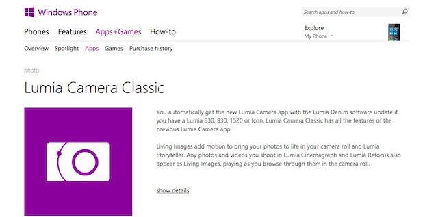 Nokia Camera Beta thành Lumia Camera Classic